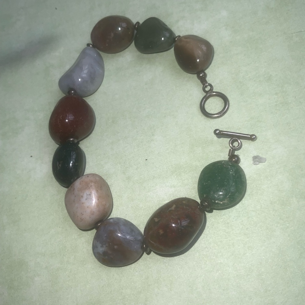 Handmade Earth Toned Authentic Fancy Jasper Beaded Bracelet w/ 925 Toggle Clasp